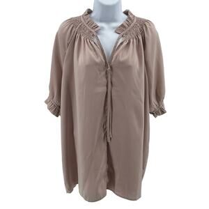 Womens Blouse SZ XL Puff Short Sleeves Tie Neck Ruffle Neck Pullover Dusty Rose